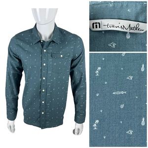 Travis Mathew Mens Medium Shirt Gray Blue Polo Long Sleeve Cotton Blend Printed